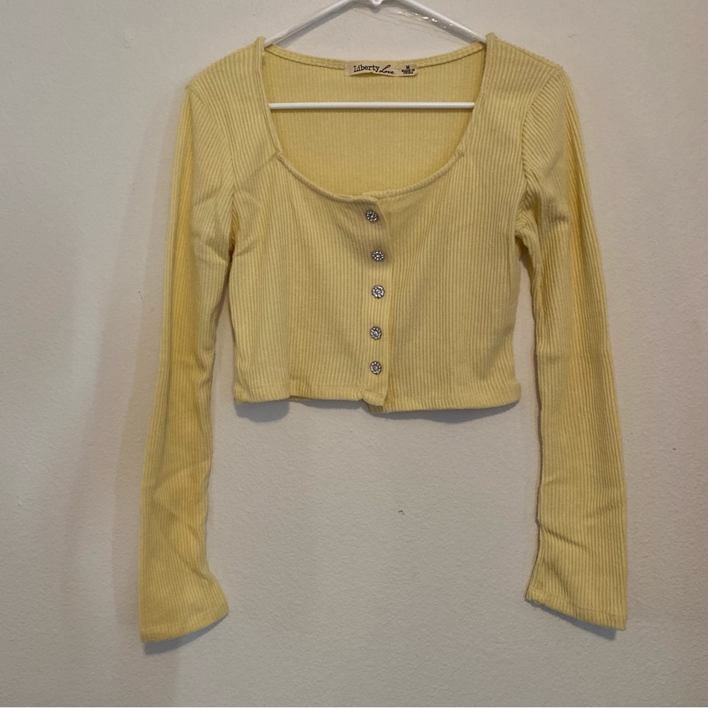 Yellow crop top. Size medium. Diamond jeweled buttons crop top.